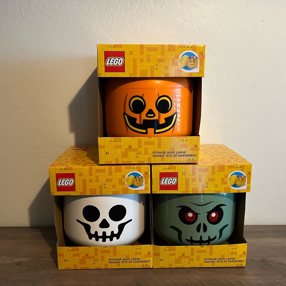 Lego Halloween Pumpkin Jack O Lantern Skeleton & Goblin Large Storage Heads